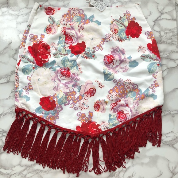 FREE PEOPLE silky floral fringe mini skirt - Picture 8 of 8